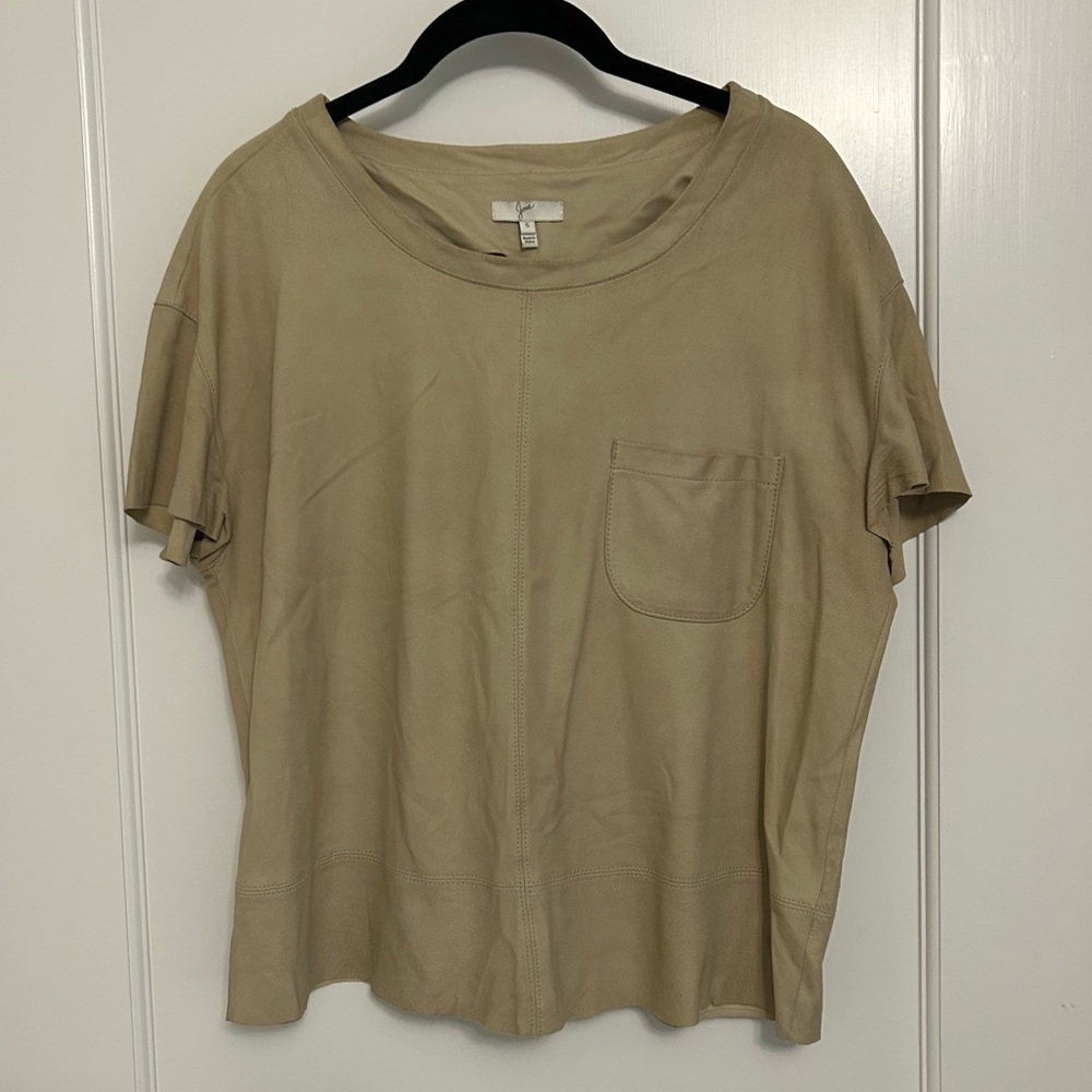 Joie Beige Leather Tee Goat Leather Pocket Top Short Sleeve S